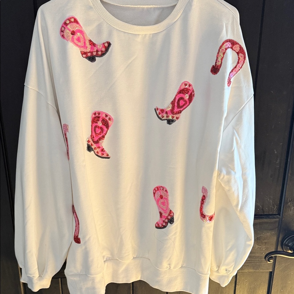BiBi White Western Valentine Sequin Sweater with Pink Boot Design - Picture 12 of 12